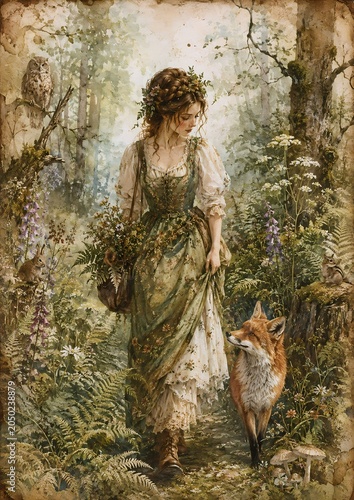 A woman in a rustic dress walks through a forest path with a basket full of herbs, a fox accompanying her. The scene has a vintage, artistic feel.