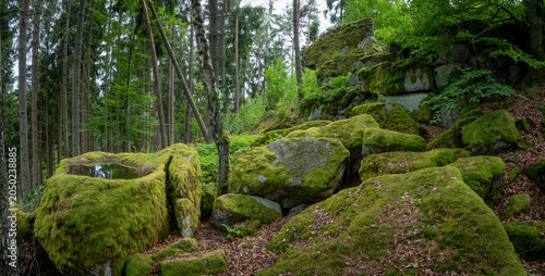 Mystical moss-covered granite rock formation with water-filled basin in the Waldviertel forest