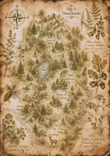 An antique map depicting a mountainous region with a lake and forest, adorned with botanical illustrations. A compass rose and a deer symbol are also visible