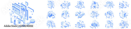 Mega set of isometric concepts. Contains such AI chat, business funnel, data center, marketing, recruitment, shopping, social networking, teamwork and more. Bundle isometry vector illustrations.
