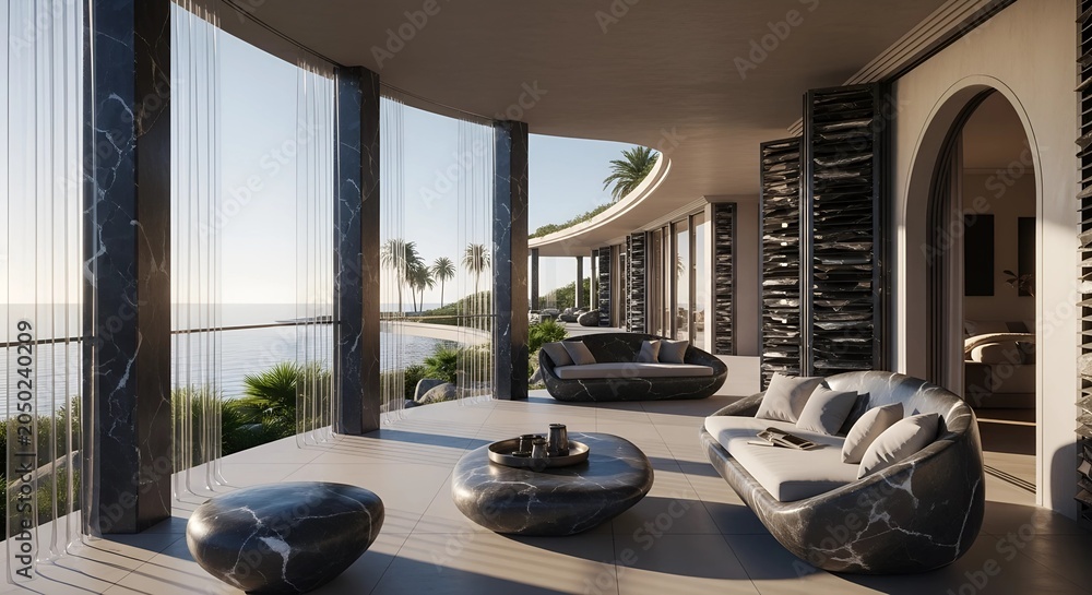 Obraz premium Luxury villa terrace with marble furniture overlooking the ocean. Modern outdoor living space with organic design. Tropical resort architecture for vacation and exotic travel lifestyle.