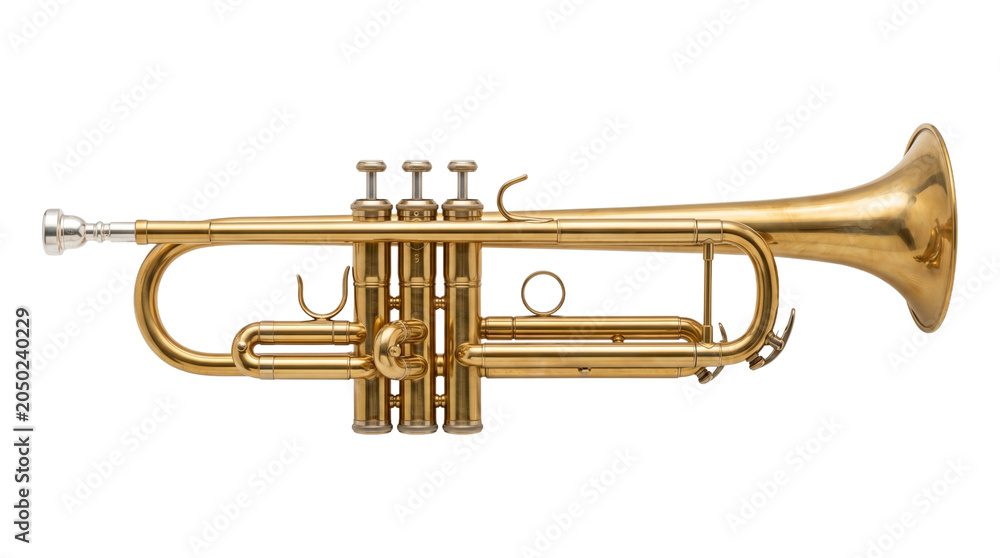 Obraz premium Golden musical trumpet instrument isolated on transparent background high resolution studio photography item.