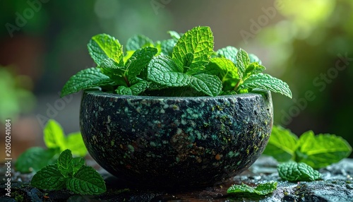 Fresh Green Mint Leaves Arranged in Dark Stone Bowl on Wet Garden Surface
