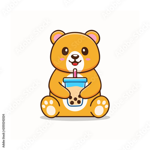 Cute cartoon bear holding a cup of boba tea