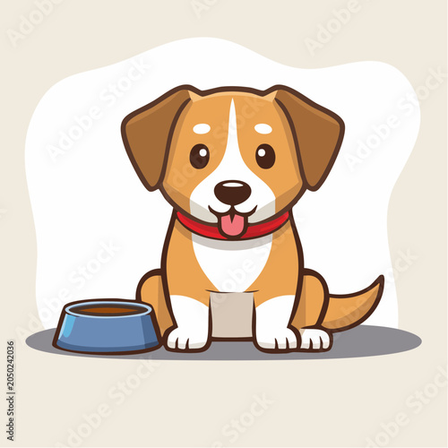 Cute cartoon dog sitting next to a food bowl