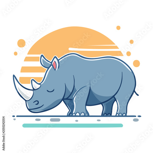 Cute Rhino Illustration with Sunset Background