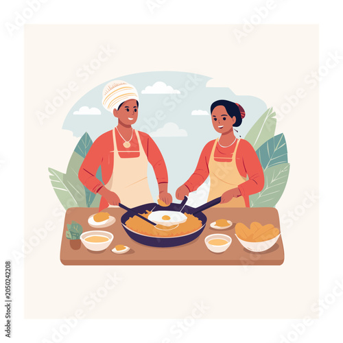 Two people cooking a meal together in a kitchen
