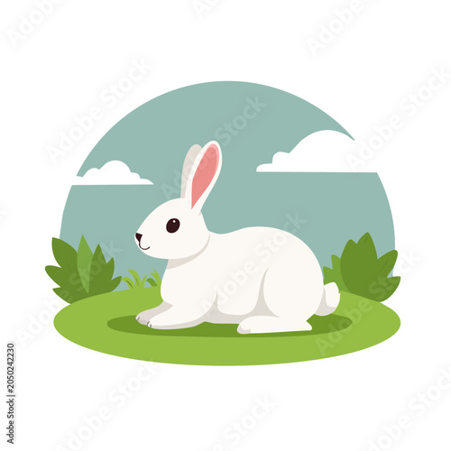 White rabbit sitting in a grassy field with clouds