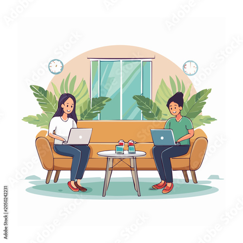 Two women working on laptops on a sofa