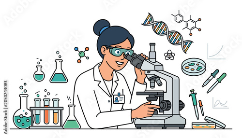 Tableau sur toile Female Scientist Using Microscope.