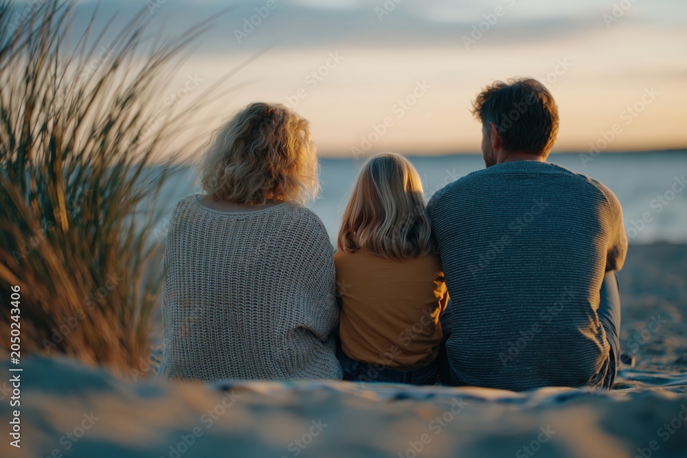 Fototapeta premium Family sitting together on beach facing ocean at sunset