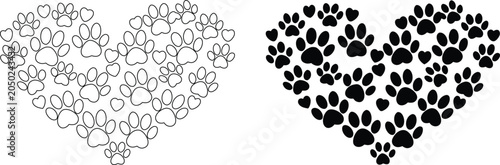 Dog paw print heart shape symbol line art and solid black vector illustration.
