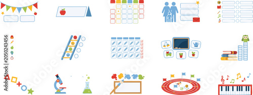 Education and school elements planner calendar icons for lessons student progress activities sports and music class rewards and achievement.