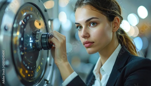 Focused Young Businesswoman Turning Secure Vault Dial in Modern Financial Facility