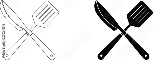 Obraz na płótnie Kitchen knife and spatula crossed icon, cooking utensils outline and glyph vector illustration