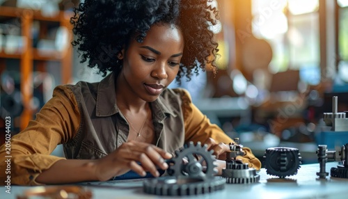 Focused Young Engineer Assembling Metal Gears in Workshop