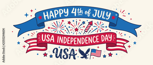 Happy 4th of July USA Independence Day banner. Hand-drawn vector illustration with fireworks and eagle
