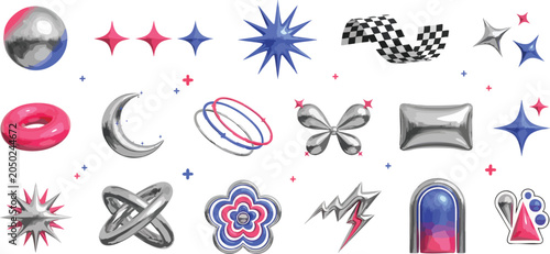 Set of trendy y2k futuristic 3d metallic shapes decorative elements including stars spheres and geometric chrome objects.