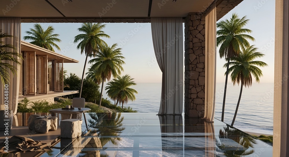Fototapeta premium Luxury villa terrace overlooking tropical ocean at sunrise. Modern architectural design with stone pillar and glass floor. Summer vacation resort at coastline. Paradise travel destination.