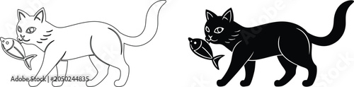 Cat carrying fish vector outlines and silhouette design. black and white icon set.