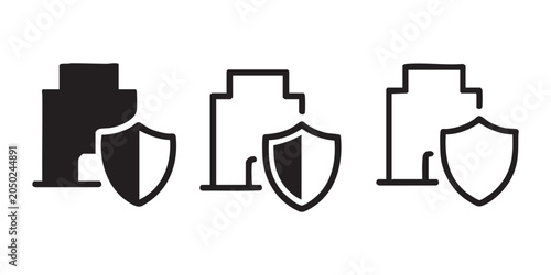 Property insurance icons set with building and shield silhouettes isolated on transparent background.
