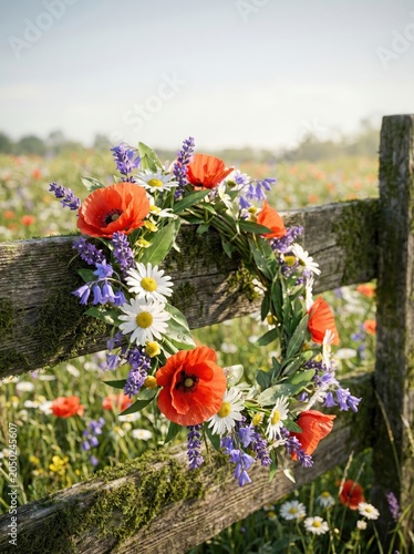 wildflower wreath with red poppies and daisies hanging on old wooden fence. sunny summer meadow background. midsummer celebration, rustic countryside decoration. greeting card, postcard.