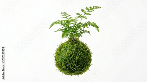 A delicate fern plant is suspended in a moss ball, showcasing a unique Kokedama arrangement. isolated on solid white background