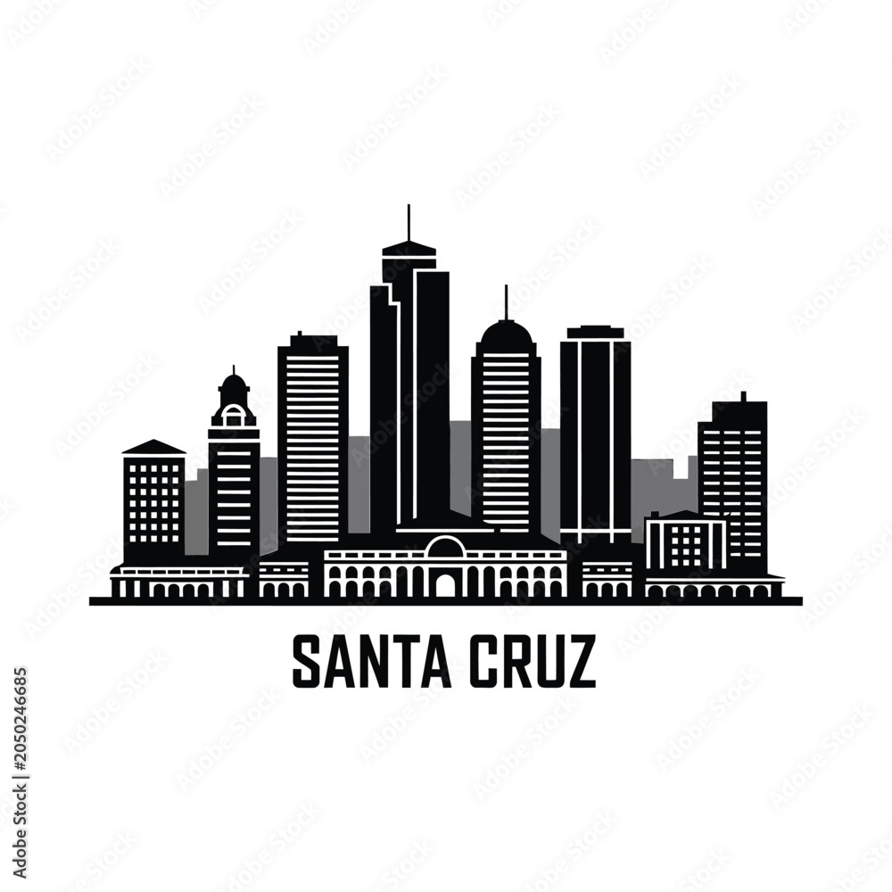 Obraz premium Cityscape silhouette of santa cruz with text on white background