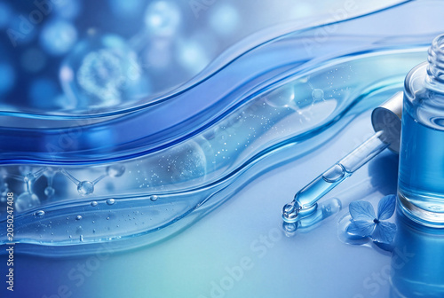 Clear liquid in a dropper rests next to wavy shapes of blue background. This scene suggests the use of skincare or beauty products in a health context