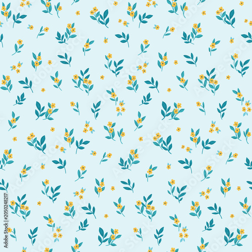 Seamless floral pattern, liberty ditsy print of tiny gentle plants. Cute botanical design of simple hand drawn flora, mini yellow flowers, small leaves on light blue background. Vector illustration.
