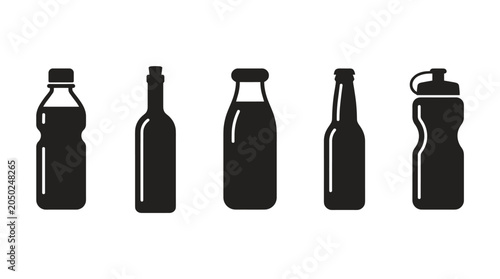 Set of five different drink bottles