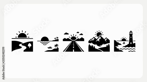 Minimalist Landscape Nature Scene Icon Set