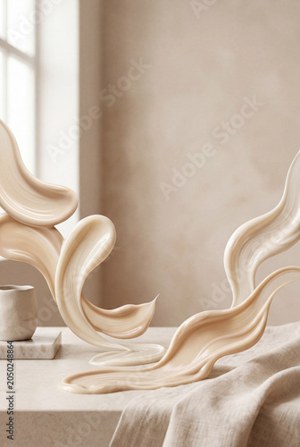 An artistic display shows flowing forms in beige, standing on a table. A simple cup rests nearby, and natural light fills the room