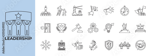 Corporate leadership and team management outline vector icon set