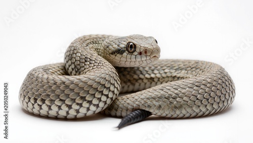 Isolated Peringuey's adder snake coiled on a seamless white studio background