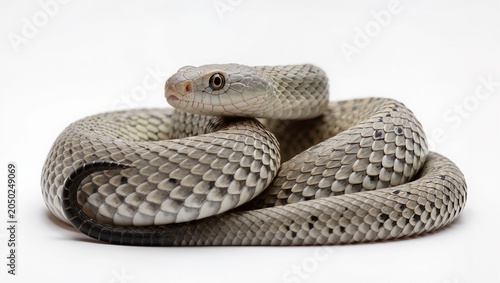 Isolated Peringuey's adder snake coiled on a seamless white studio background