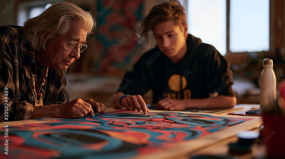 Fototapeta premium Focused view on the creative process of an indigenous elder and youth working together on layered paper art that marries ancestral designs with contemporary emotions illuminated by