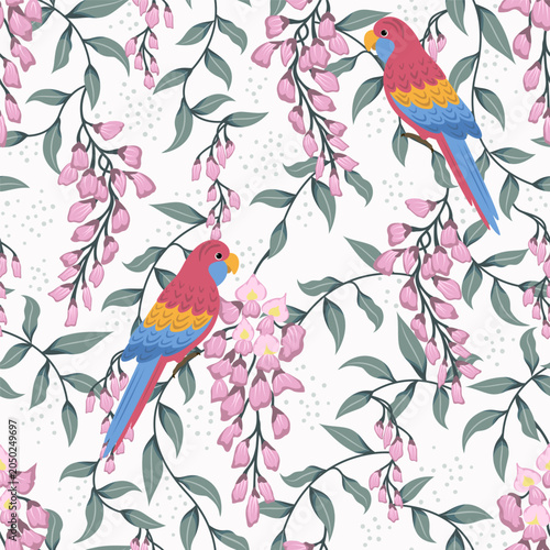 Spring blossom theme seamless pattern with wisteria flowers and rosella parrots. Vector illustration.