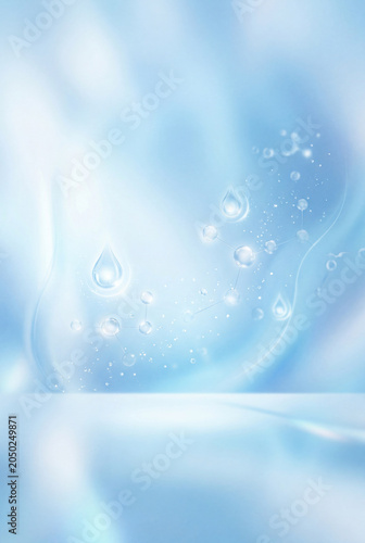 Water droplets rest on a smooth surface. Soft blue colors blend in the background. The scene looks bright and fresh. It creates a simple view of water in a clean indoor setting