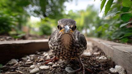 Curious juvenile bird looking directly into camera lens from low perspective, exploring ground in backyard garden setting, representing wildlife observation