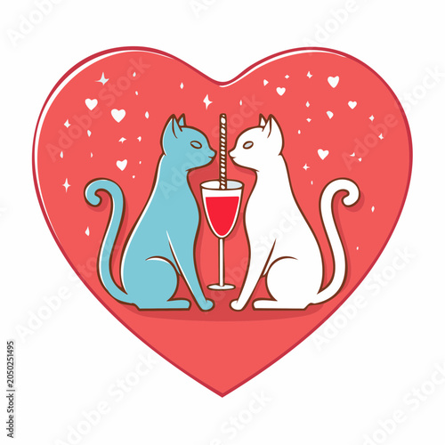 Two Cats Sharing a Drink in a Heart Shape