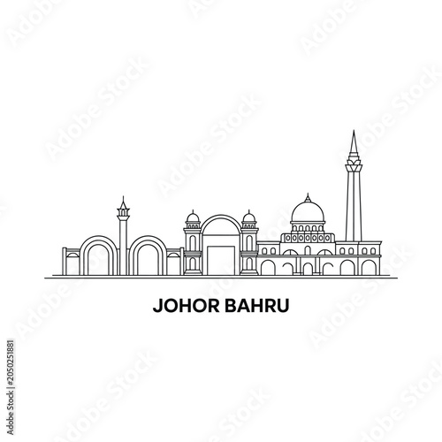 Vászonkép Johor Bahru Skyline Illustration Linear Style On White Background