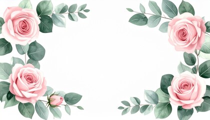 Elegant watercolor pink roses and eucalyptus leaves border, wedding invitation background with copy space
