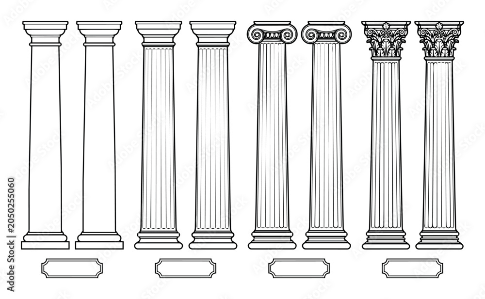 Naklejka premium Collection of classical architectural columns representing a range of historical orders, ideal for design and educational purposes