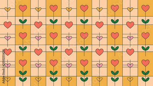 Repeating pattern of stylized flowers with hearts, creating a cheerful and romantic visual aesthetic.