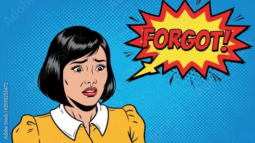 pop art comic style illustration of panicked asian woman holding her head with forgot speech bubble. retro halftone background. stress, mistake, memory loss concept. poster, banner design.