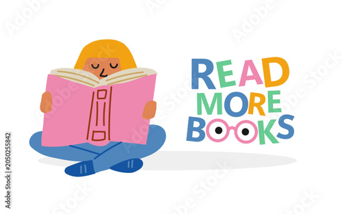 Read More Books banner with a cute girl reading on the floor and motivational lettering, colorful children’s illustration promoting literacy, education, learning, and reading habits for schools, libra
