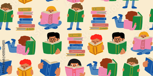 Seamless reading kids pattern with boys and girls enjoying books, colorful book stacks, and educational elements on a soft sandy background, playful back to school repeat design for kids fabric