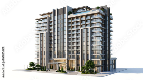 Modern high-rise building with numerous balconies and sleek architectural design against a white background, featuring contemporary urban living.