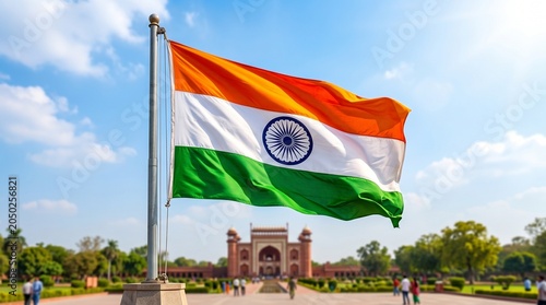 Indian national flag waving in front of historical monument